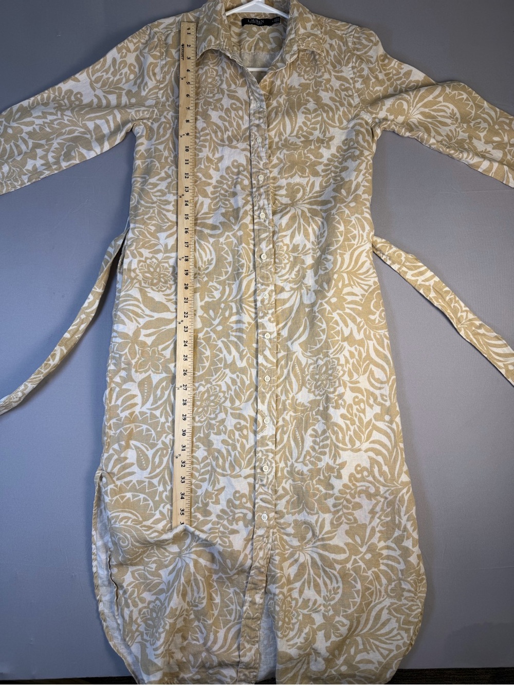 100% Linen Lauren Ralph Lauren Beige Floral Button-Front Shirt Dress Size 8 - Picture 10 of 11